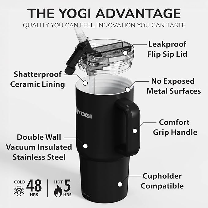 YOGI Ceramic Lined Metal Allergy Safe 24oz Tumbler with Handle and Straw Leakproof Flip & Sip Lid Vacuum Insulated Stainless Steel Travel Cup for Iced Coffee Water and All-Day Hydration 24oz Onyz