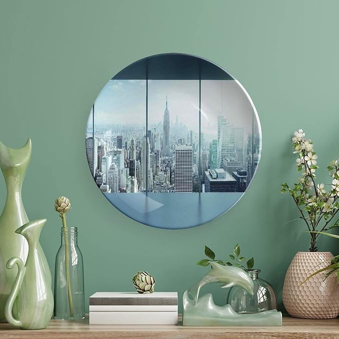 XISUNYA 8 Inch Decorative Plate, House Decor Ceramic Stoneware, View Modern City from Office New York Urban Life Theme Print Ceramic Wall Hanging for Home Office Party Dinner Table Decor