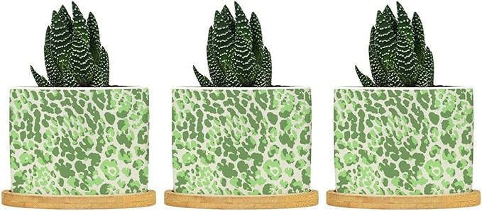 Leopard Green Beige Planters Ceramic Chinoiserie Style Green Round Flower Pot with Drainage Holes and Bamboo Tray Pot for Pots Outdoor Indoor Plants
