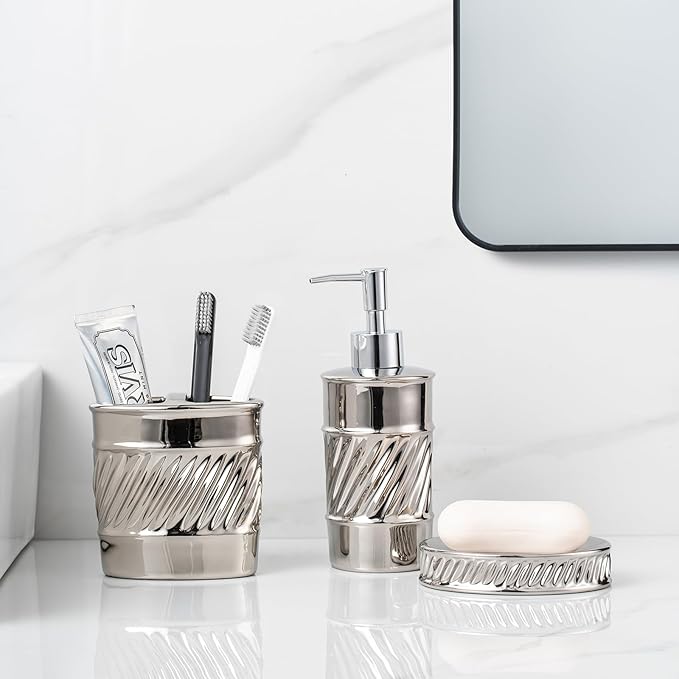 3-Piece Ceramic Bathroom Accessories Set - Soap Dispenser, Toothbrush Holder & Soap Dish with Modern Wave Embossed Design for Bathroom Accessory Set (Silver)