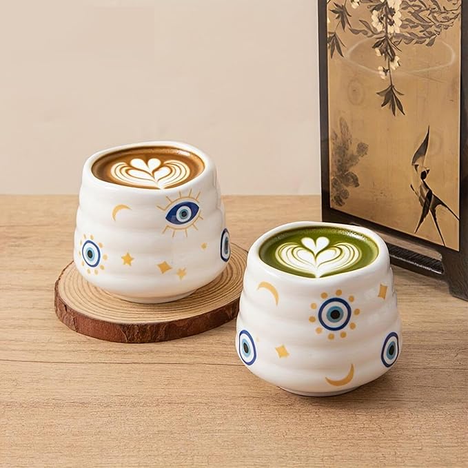 4pcs Japanese Tea Cup Set – 160ml 5.4OZ Ceramic Matcha Cup, Small Handless Espresso Cups, Cute Coffee Mugs for Valentine (Evil Eye)