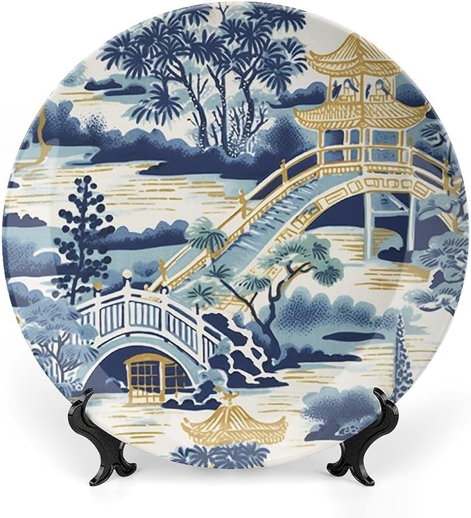 Vintage Plates Blue And White Chinoiserie Pagoda Ming Toile Asian Custom Decor for Display Farmhouse Home Art Decoration Ceramic Salad Plates Including Bracket And Special Hook, Gifts for Men Women