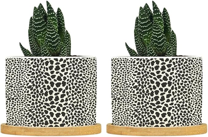 Leopard Print Planters Ceramic African Animal Stripe Round Plant Pot with Drainage Holes and Bamboo Tray Pot for Home Office Desk Garden