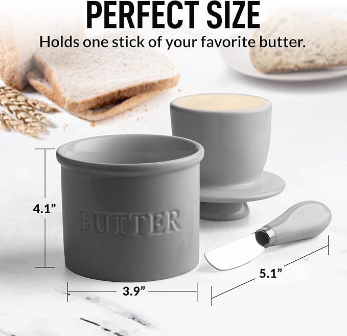 Zulay Kitchen Bell Shaped Butter Crock with Lid for Countertop with Water Line & Spreader Knife, Ceramic French Butter Dish Keeper For Fresh, Soft & Spreadable Butter - Gray
