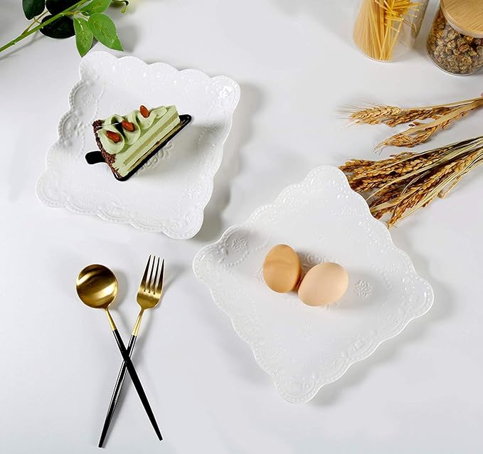 Eplze YBK Tech Elegant Square Embossed Lace Plate Bone China Dessert Plate Ceramic Plate for Breakfast Afternoon Tea (White, 6-inch)