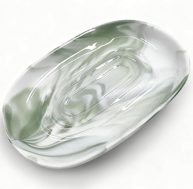 Soap Dish, Ceramic Soap Dish with Marble PatternShower, Soap Saver Tray for Bathroom, Kitchen Sink & Vanity, Multi-Use Holder for Jewelry, Rings, Keys (1 Pack, Green-White)