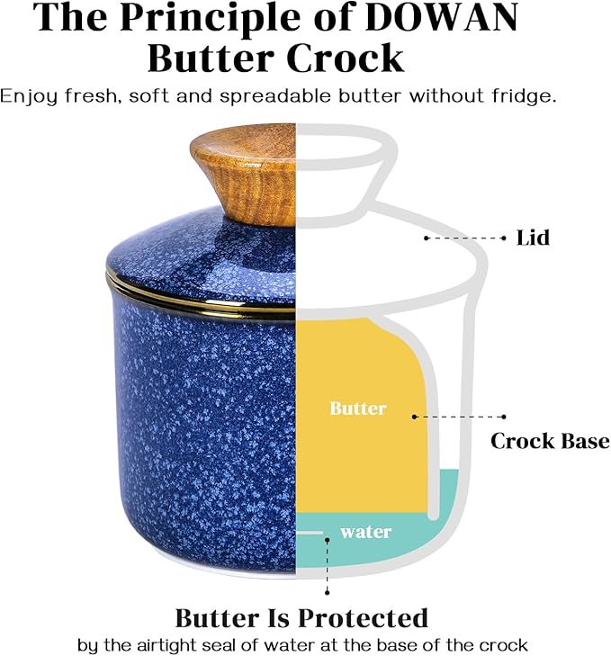 DOWAN French Butter Crock, Ceramic Dish With Lid for Countertop and Fridge, Keeper With Waterline, Flip-Top Container & Spreader, Reactive Glaze Holder, Blue