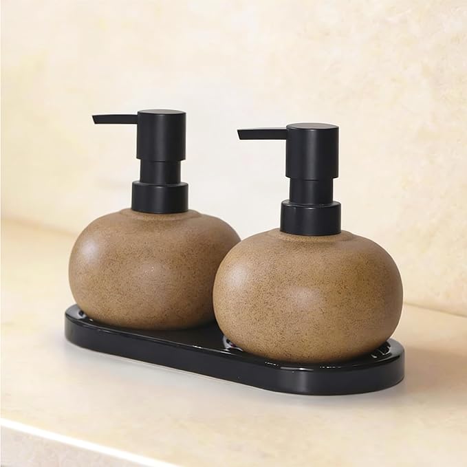 10oz Ceramic Hand Soap Dispenser, Elegant Liquid Soap Dispenser for Bathroom Countertop, Heavy & Sturdy Dish Soap Dispenser for Kitchen (Brown Set of 2 & Ceramic Tray)