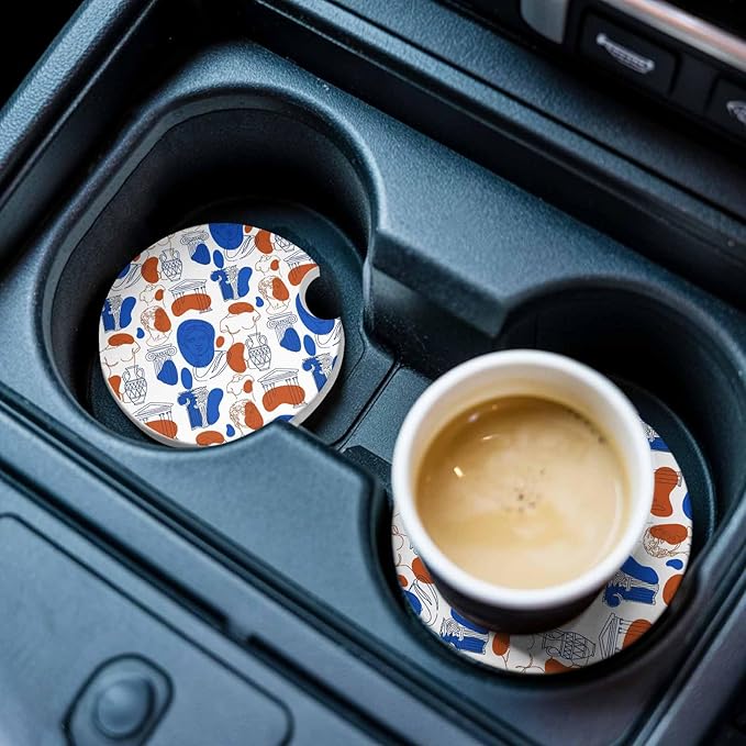 Modern Abstract Car Coasters Pack of 4 Blue Red Classical Greek Sculptural Heads Absorbent Ceramic Car Cup Holder Coaster Insert Drink Holder SUV Interior Accessory with Finger Notch
