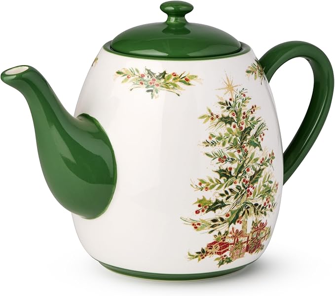 Holly Tree Christmas Teapot – 36oz Ceramic Holiday Teapot with Classic Tree Design, Perfect for Winter Tea Service, Decorative and Functional, and Collectible