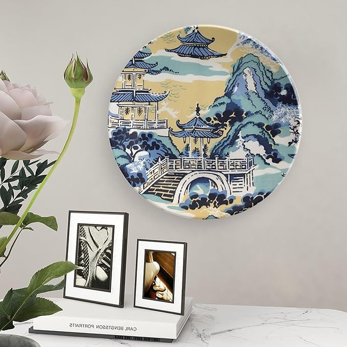 Blue And White Chinoiserie Pagoda Ming Toile Asian Decorative Plate for Display Art Decoration Household Supplies Kitchen Wall Holiday Party Decorations Customize Gifts for Men Women Christmas