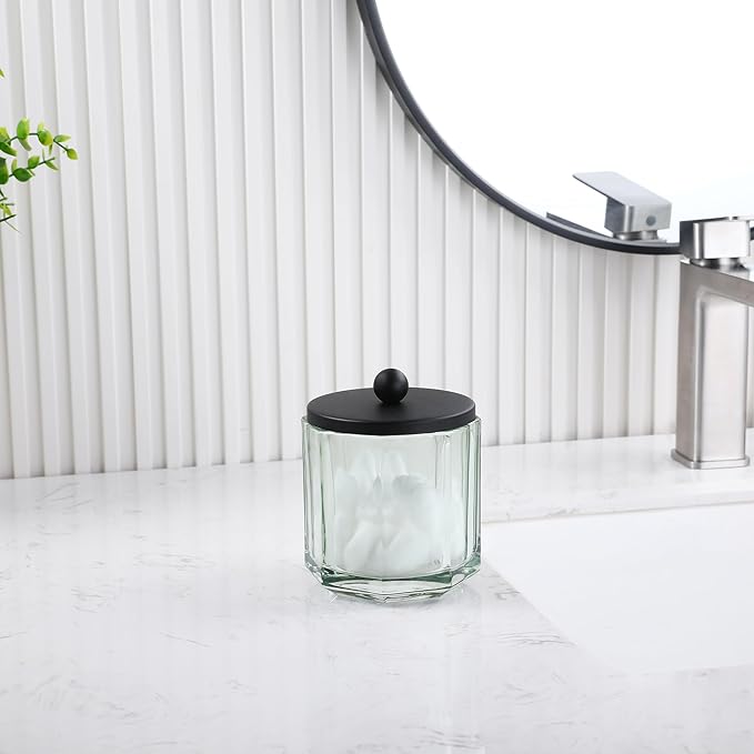 Sage Green Translucent Apothecary Octagional Shaped Glass Canister Jar With Black Metal Lid Cover for Bathroom Organization, Cotton Balls, Q Tips, and Small Accessories, Bathroom Storage