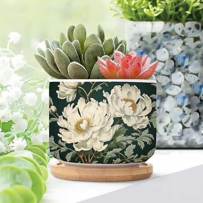 5 Piece Ceramics Planter Egg Green and White Floral Small Planters for Succulents White Chinoiserie Flower Planter for Succulents Chinoiserie Plant Pot with Drainage and Bamboo Tray