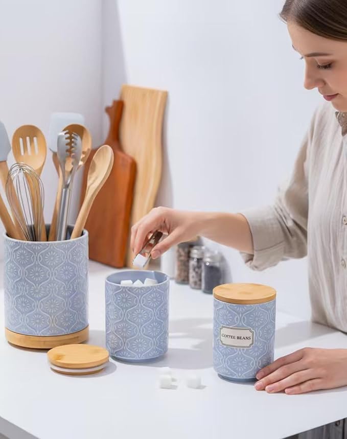 TEATALK Ceramic Utensil Holder Set, 360° Rotating Organizer for Countertop, Farmhouse Vintage Style, Large and Small Crocks in Light Blue，7.7"+5.7", Light Blue