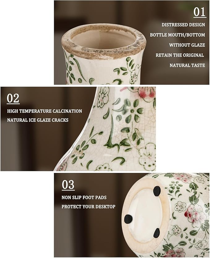 LemonRoad Vintage Ceramic Flower Vase 5.7 Inch Chinoiserie Ice Cracked Glaze Porcelain Vase Rustic Ceramic Large Centerpieces for Home Table Living Room Bookshelf Office(Plum Blossom Style)