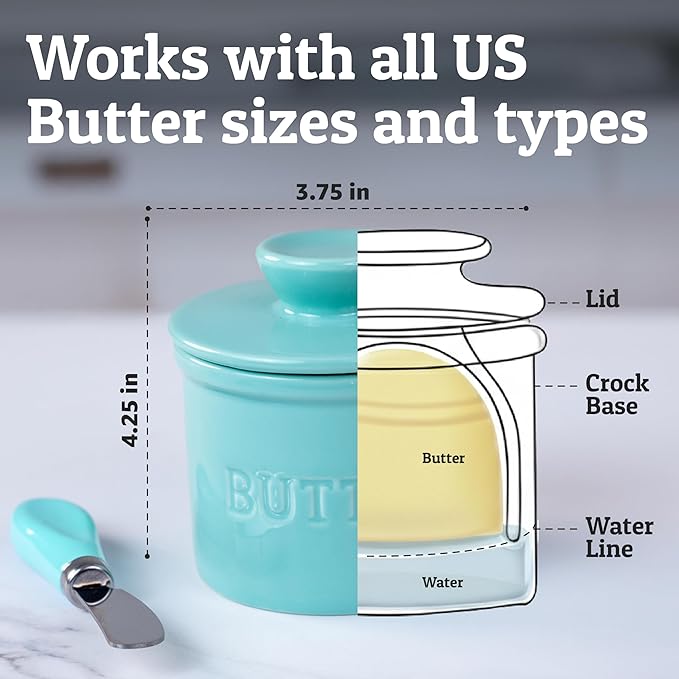 PriorityChef Butter Crock with Lid with Water Line, Ceramic French Butter Dish to Leave On Counter, Cool Green