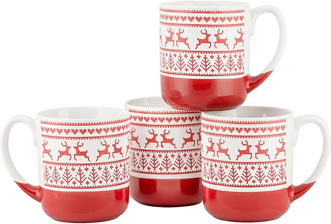 10 Strawberry Street Embossed Reindeer Ceramic Mug, Set of 4 (Red), S4MUG-XMAS