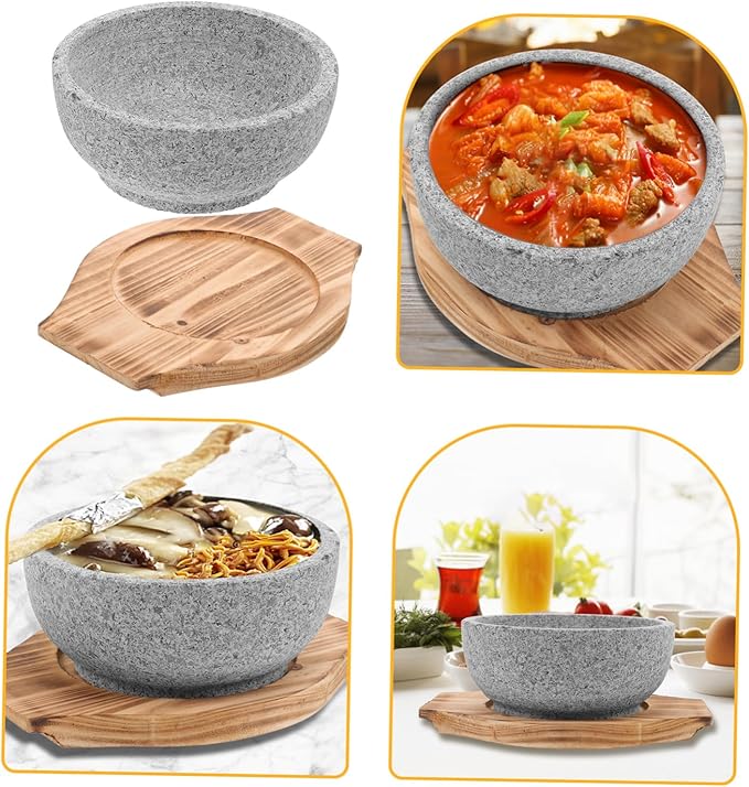ABOOFAN Bibimbap Bowl Korean Stone Pot Large Bowl Multi-function Serving Portable Rice Natural Stone Carbonized Wood Pad