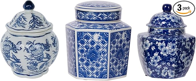 A&B Home 5" Decorative Porcelain Jars Set of 3 Glazed Hand Painted Blue White Ceramic Vase with Lid Centerpiece Ginger Jar Asian Décor