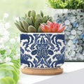 Blue Regalia Lion Small Ceramics Pots for Plants Set of 2 Indigo Blue Flower Lion Asian Ceramics Planter with Drainage and Bamboo Tray Chinoiserie Asian Garden Decor Succulent Pot