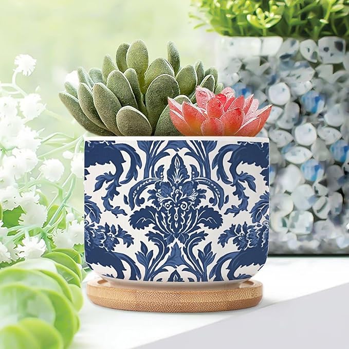 Blue Regalia Lion Small Ceramics Pots for Plants Set of 1 Indigo Blue Flower Lion Asian Ceramics Planter with Drainage and Bamboo Tray Chinoiserie Asian Garden Decor Succulent Pot