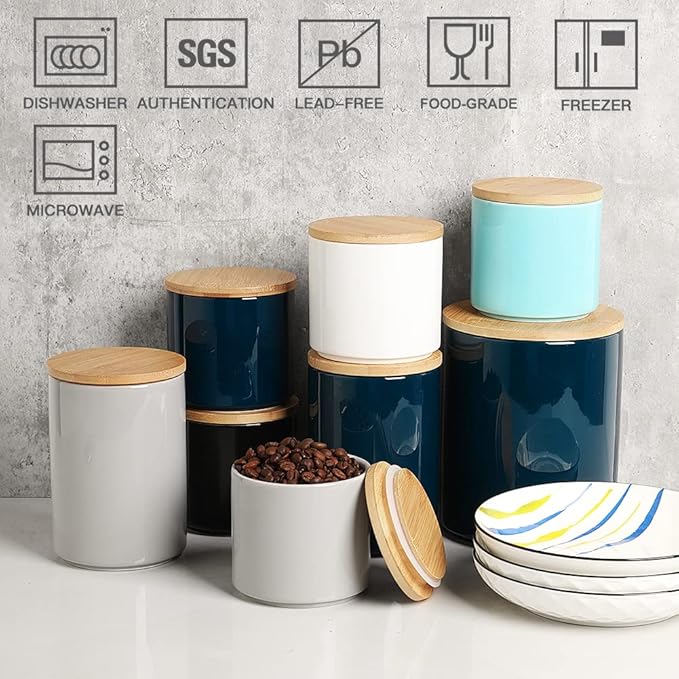 Sweejar Kitchen Canisters Ceramic Food Storage Jar Set, Stackable Containers with Airtight Seal Wooden Lid for Serving Ground Coffee, Tea, Herbs, Grains, Sugar, Salt - Set of 4 (Gray)