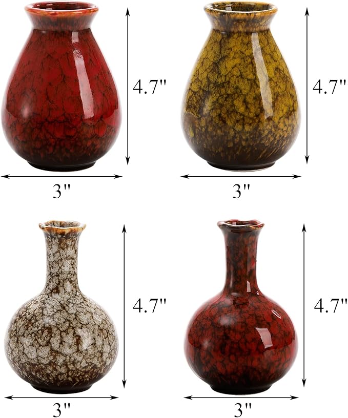 Okllen Set of 4 Ceramic Flower Vases Farmhouse Decor, Boho Decor, Red and Yellow Reactive Glazed Color Small Flower Vases, Centerpiece Table Decorations, Decorative Ceramic Vase for Home, Living Room