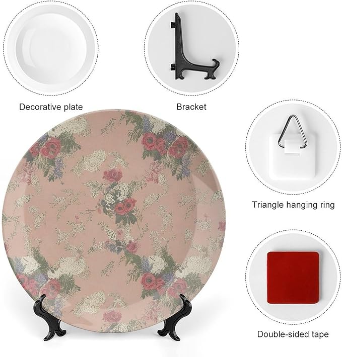 Home Decorations Decorative Plate, French Garden Thibaut Floral Coral Custom Christmas Gifts Wall Hanging Decoration for Table Home Wedding Decor, Unique Art with Stand