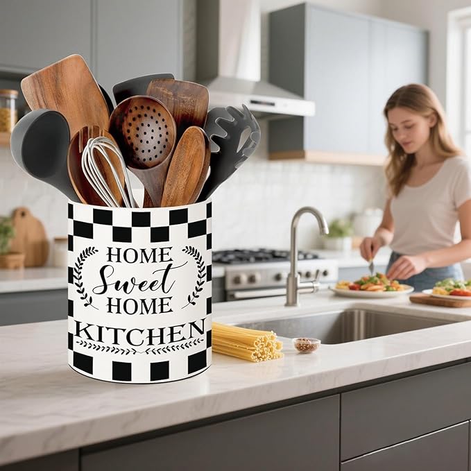 Checkered Kitchen Decor, 6.5inch Ceramic Utensil Holder with Checkered Design, Rustic-Style Indoor Kitchen Utensil Storage Rack, Ideal for Spoon Storage and Cooking Tools, Gift for Kitchen Organizers