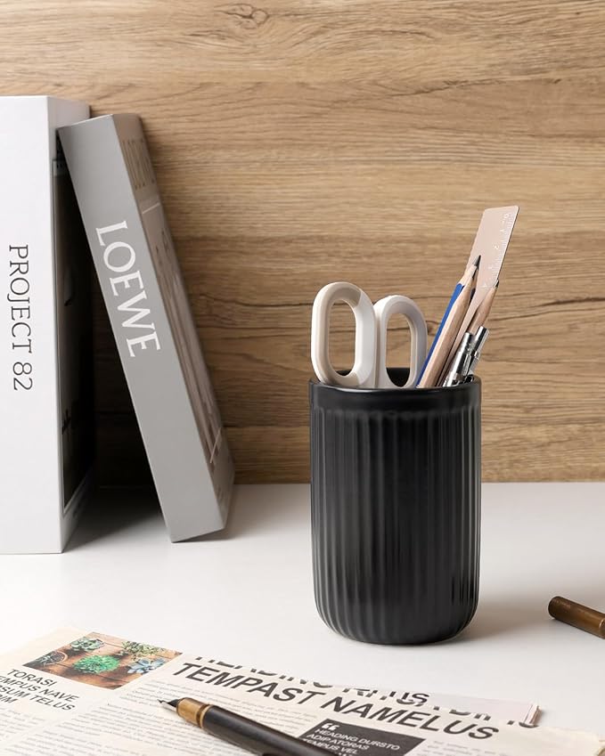 BosilunLife Ceramic Toothbrush Holder - 12oz Bathroom Toothbrush Holder Tooth Brush Holders Tumbler Cups Reusable Toothbrush Mouthwash Cup Small Toothbrush and Toothpaste Holder, Striped Black