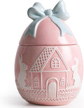 Easter Bunny Cookie Jar with Lid, Pink Egg Candy Jar, Embossment Bunny Decorative Ceramic Storage Container Jar, Pink Easter Bunny Egg Decorations for Home Kitchen Indoor Best Easter Gift