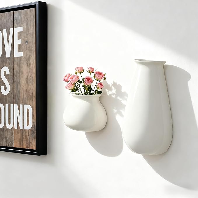 Set of 2 Hanging Ceramic Wall Planters, Wall Mounted Plant Holder, White Ceramic Planters for Indoor Plants, Home & Office Décor, Wall Hanging Flower Pots for Living Room, Bedroom, Balcony, Garden