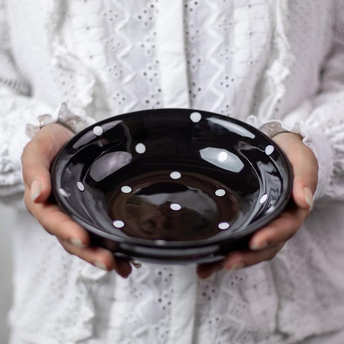 City to Cottage Handmade Black And White Pottery Polka Dot Glazed 7.3inch/18.5cm, 14oz/400ml Salad, Pasta, Fruit, Cereal, Soup Bowl | Unique Ceramic Dinnerware, Housewarming Gift