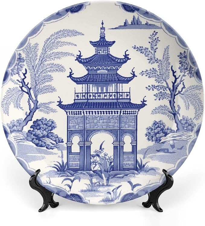 Chinoiserie Blue Asian Pagoda Plates Ceramic of 6", 7", 9", 10", Custom Ceramic Dinner Plates, Farmhouse Table Decorations Display, with Display Stand And Hook Up