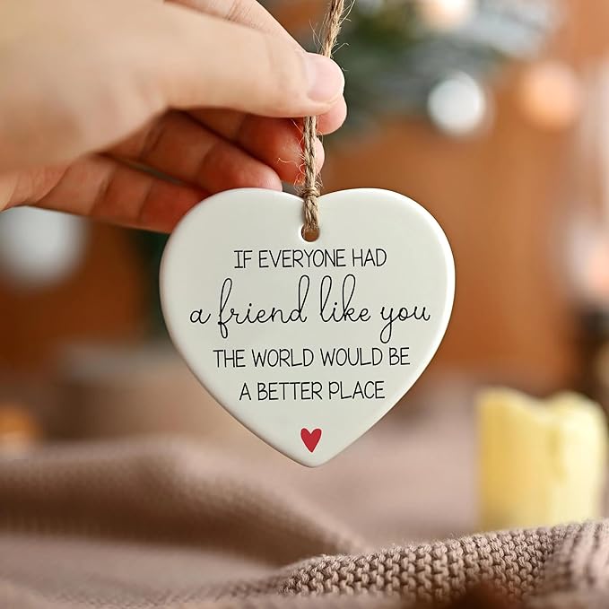 NGHYANA Christmas Tree Ornaments 2025, Heart Shaped Ceramic Ornament with Friendship Message – 3.1 Inch White Hanging Decor Gift