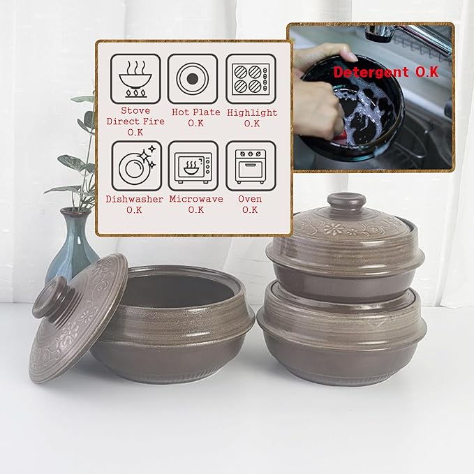 Korean Pot Mud Earthenware Ttukbaegi, Natural Mud Glaze Ceramic Clay Cooking Pot Casserole, Heat Resistant Ceramic Earthen Pot, Zero-Crack Stone Bowl Stockpot Soup Cookware, Pottery Bowl