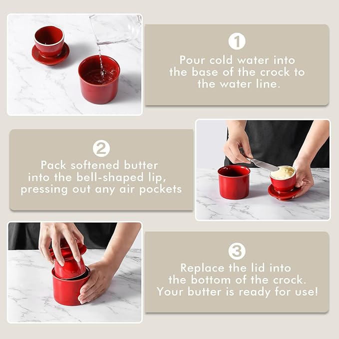 Red French Butter Dish，Handmade Reactive Glaze Ceramic Butter Crock with Water Line for Speradable Fresh Butter