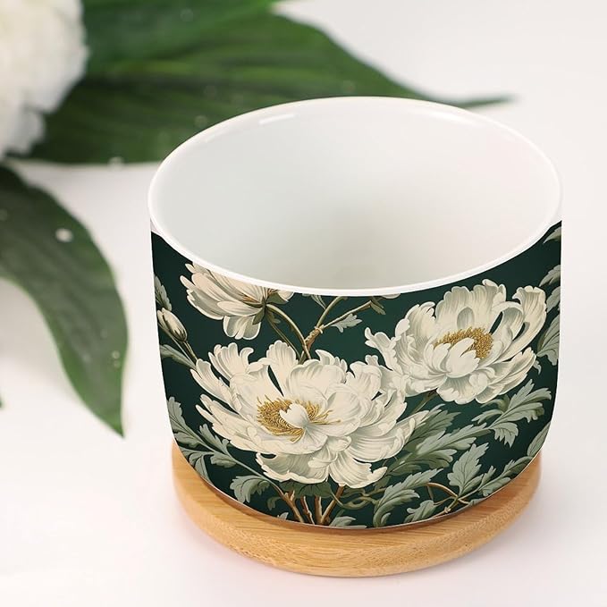 1 Piece Ceramics Planter Egg Green and White Floral Small Planters for Succulents White Chinoiserie Flower Planter for Succulents Chinoiserie Plant Pot with Drainage and Bamboo Tray