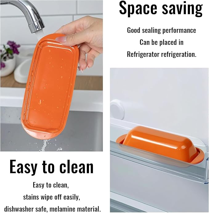 BPA-Free Melamine Butter Dish with Lid & Stainless Steel Knife - Farmhouse Butter Keeper for Countertop & Refrigerator, Dishwasher Safe, Holds 1 Stick with East & West Coast Butter-Orange