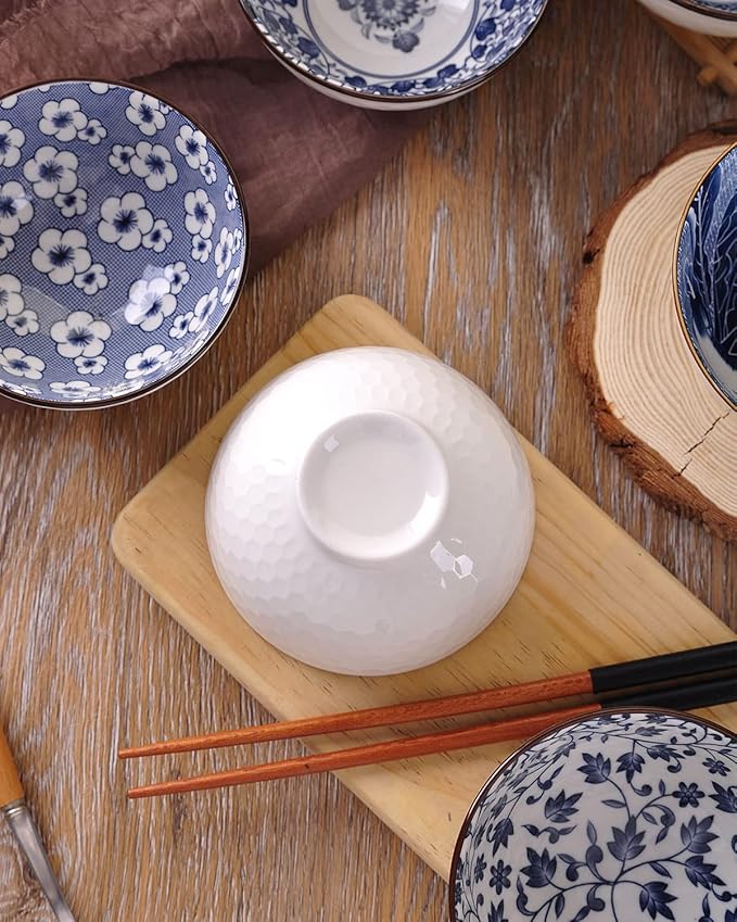 WHJY Blue and White Chinese Japanese Ceramic Rice Bowl 10 oz, Sakura Bowl Gift Set, Serving Bowls Dinnerware Bowls for Rice, Cereal, Noodle, Soup, Desserts, Set of 6