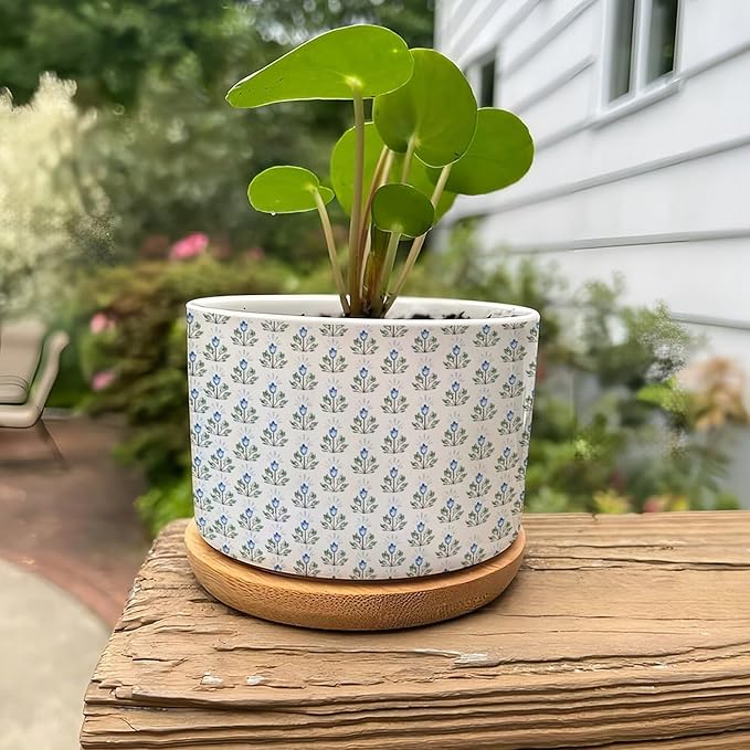 Blue Floral Ceramic Planter Mughal Flower Planters for Indoor Plants with Drainage Holes and Saucers Pot for Pots Outdoor Indoor Plants