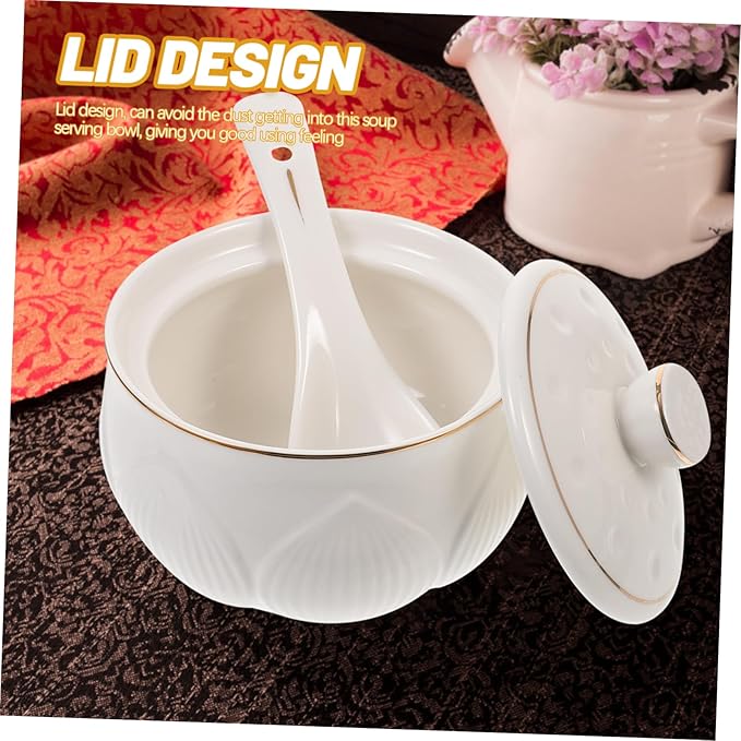 Alipis Luxury Ceramic Stew Bowl Set with Lid and Spoon High-End Gold Trim for Soups and Desserts Kitchen Steaming Bowl for Home Use
