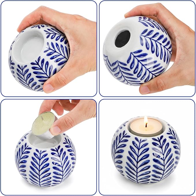 Okllen Set of 4 Blue and White Decor Ceramic Tealight Holders, Chinoiserie Decor Votive Candle Holders for Wedding Party Centerpiece, Holiday Home Table Decor, 1.8" Dx2.75 H