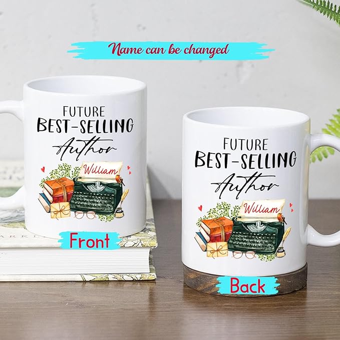 Future Best Author White Coffee Mug 11 Oz 15 Oz, Personalized Selling Author Writer Ceramic Coffee Cup Gifts For Birthday Anniversary, Custom Name Best Future Author Teacup, Typewriter Mug Cup Gift