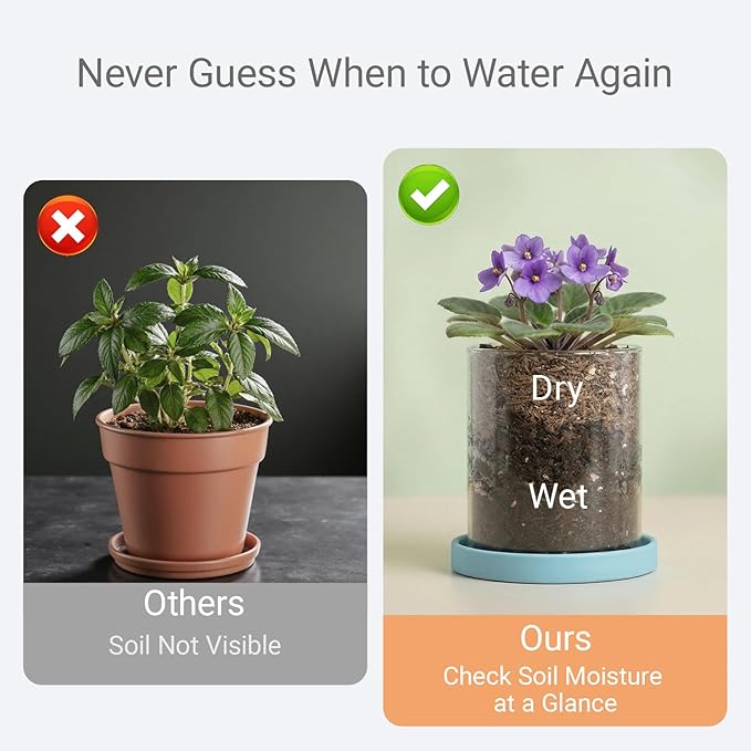 3-Pack 4 Inch Clear Glass Plant Pots with Drainage and Ceramic Trays, Indoor Herb Planters for Home Office, Succulents & Small Plants (Blue 3 Shades)
