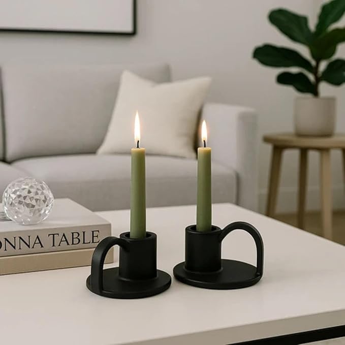 Ceramic Taper Candle Holders with Handle (Set of 2) – Tall Candlestick Holders for Table Decor Centerpieces, Rustic Home Décor, and Dinner Table Styling Matte Black