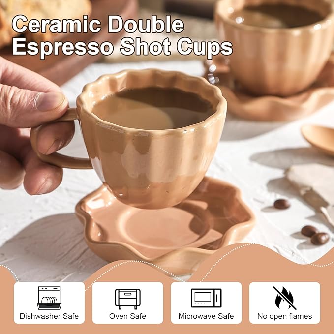 Cute Ceramic Double Espresso Shot Cups Set of 4 Tazas Para Cafe Expresso Cups 3 oz is Suitable for Single and Double Espresso Mugs.