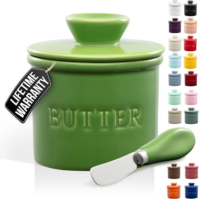 Zulay Kitchen Bell Shaped Butter Crock with Lid for Countertop with Water Line & Spreader Knife, Ceramic French Butter Dish Keeper For Fresh, Soft & Spreadable Butter - Green