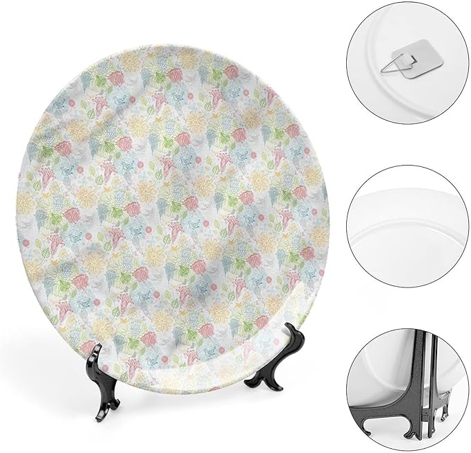 XISUNYA 7 Inch Decorative Plate, Doodle Dinner Plate, Trace Style Flora Fauna Print Ceramic Wall Hanging for Fine Dining, Upscale Event, Dinner Party, Weddings, Catering, Christmas, Thankgiving