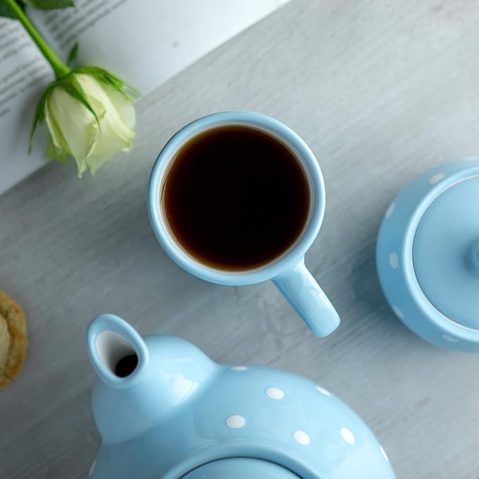 City to Cottage Ceramic Cappuccino Mug with Large Handle, 10oz Coffee Mug for Latte Hot Chocholate Tea, Daily Morning Dring at Home Office Work, Christmas Housewarming Gift, Sky Baby Blue Polka Dot